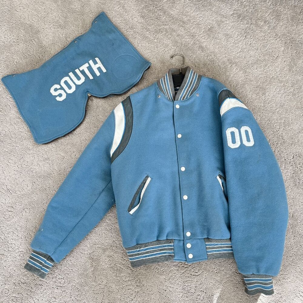 Unisex Holloway Varsity Jacket Heavy Wool Leather Accents Hood L/XL, 90s Vintage